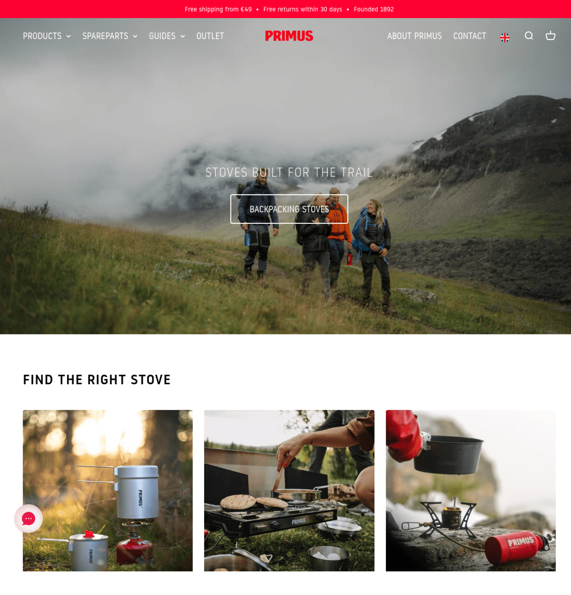 Startsidan på primusequipment.com, Primus webbutik