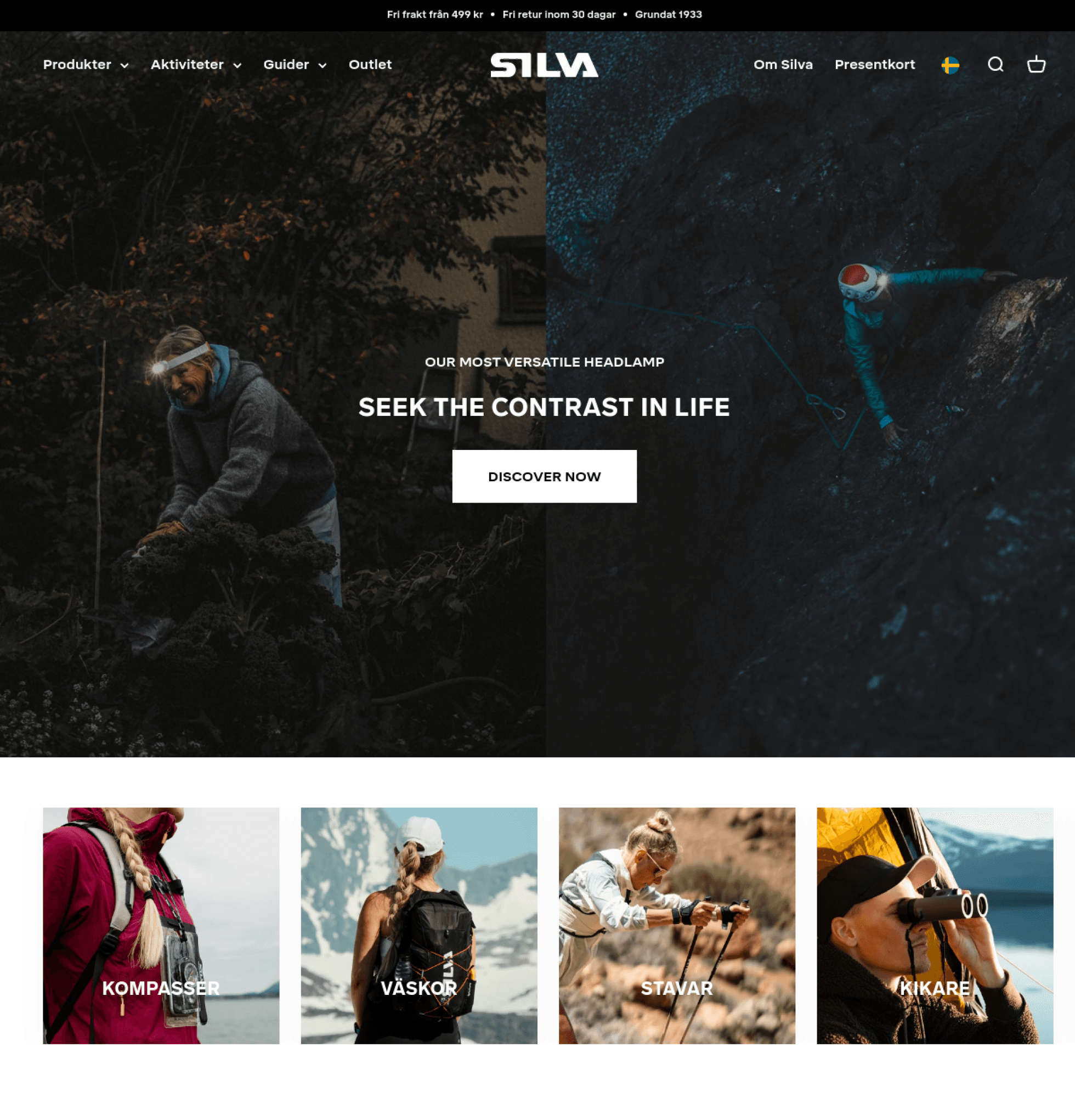 Startsidan på silvasweden.com, Silvas webbutik byggd på Shopify